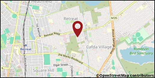 a map with a pin at -34.0590024,18.4783538